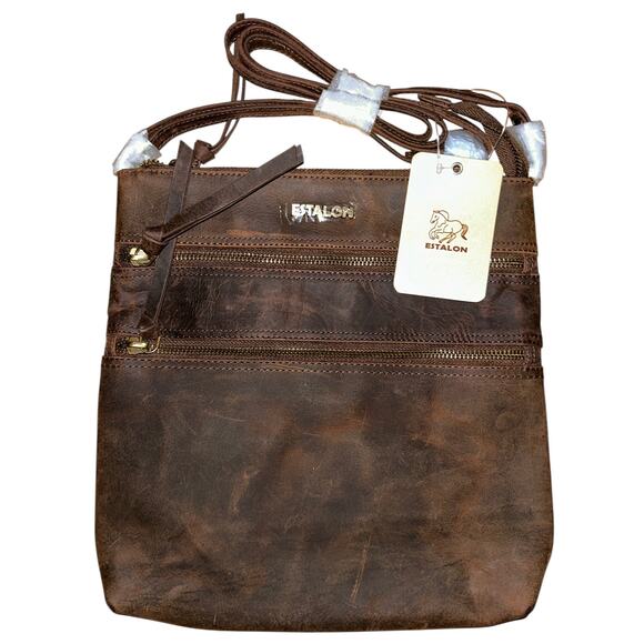 Estalon Brown Distressed Leather Crossbody Bag Purse Zipper Pockets NWT - Picture 1 of 3